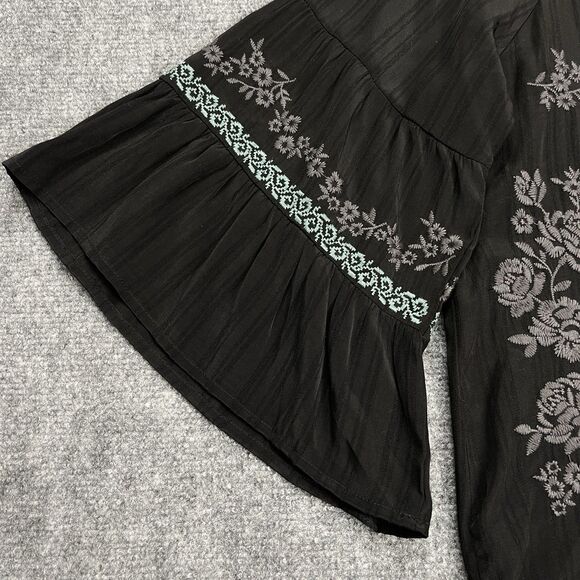 Savanna Jane Top Womens Large Black Embroidered Boho Floral Bell Sleeve - Picture 6 of 10